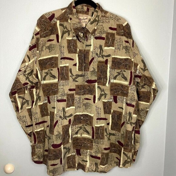 WOOLRICH Original Outdoor Button Down Shirt Mens Size XL Sage Birds Trees Cotton - Picture 1 of 10